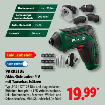 PARKSIDE Akku-Schrauber 4 V mit Tauschaufsätzen