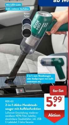 RIDE+GO 2-in-1 Akku-Handstaubsauger mit Aufblasfunktion