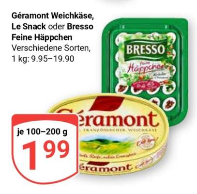 Géramont Weichkäse, Le Snack oder Bresso Feine Häppchen