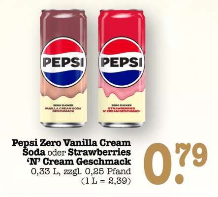 Pepsi Zero Vanilla Cream Soda oder Strawberries 'N' Cream Geschmack