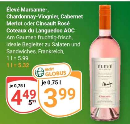 Élevé Marsanne-, Chardonnay-Viognier, Cabernet Merlot oder Cinsault Rosé Côteaux du Languedoc AOC