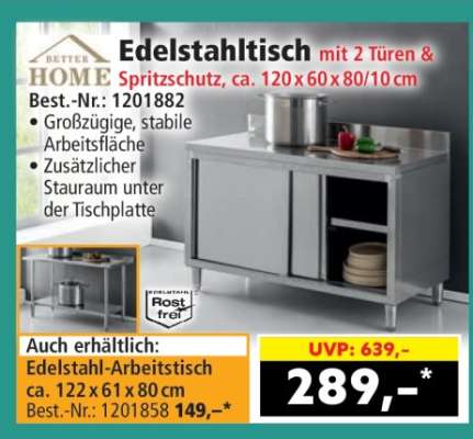 Edelstahltisch mit 2 Türen & Spritzschutz, ca. 120 x 60 x 80/10 cm