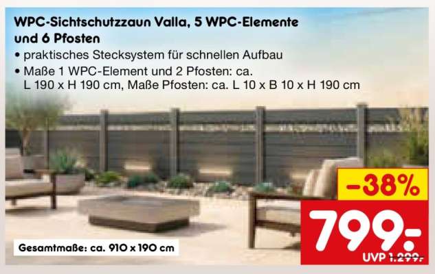 WPC-Sichtschutzzaun Valla, 5 WPC-Elemente und 6 Pfosten