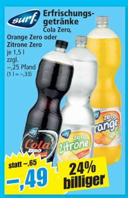 Erfrischungsgetränke Cola Zero, Orange Zero oder Zitrone Zero