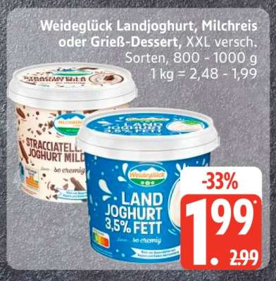 Weideglück Landjoghurt, Milchreis oder Grieß-Dessert