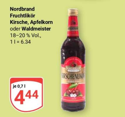 Nordbrand Fruchtlikör Kirsche, Apfelkorn oder Waldmeister